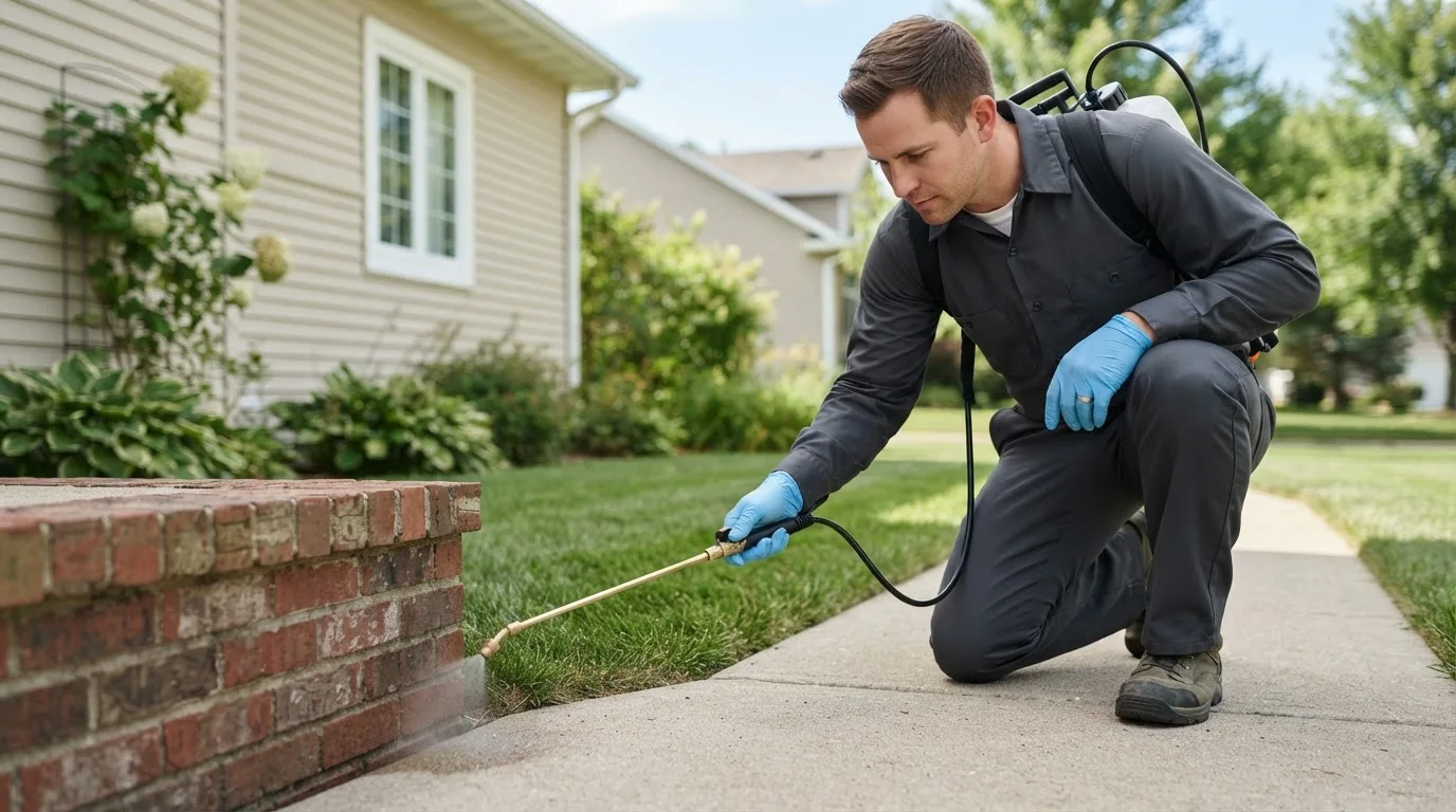 Pest control technician treating a home near Denton, GA